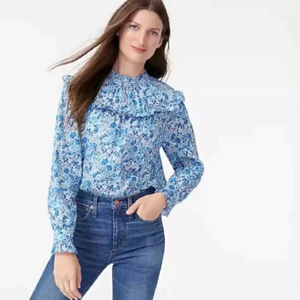 💕J. CREW💕 Smocked Popover Top ~ Liberty Elysian Day Floral Large L NWT